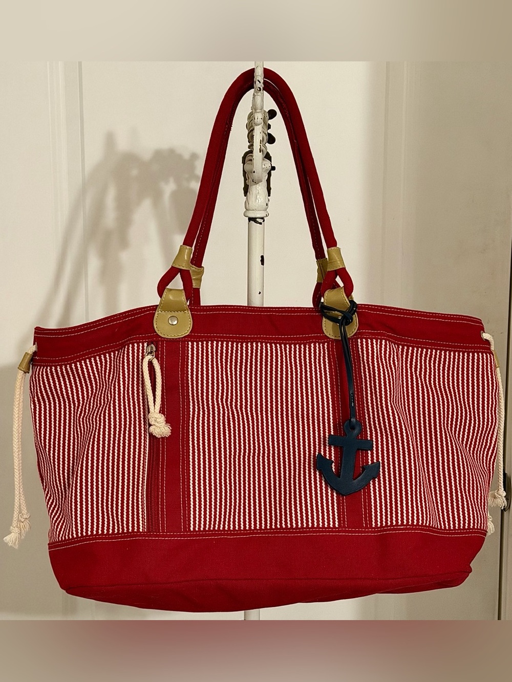 Large Red White Striped Nautical Canvas Tote Bag Anchor Charm Beach Bag - Picture 2 of 10
